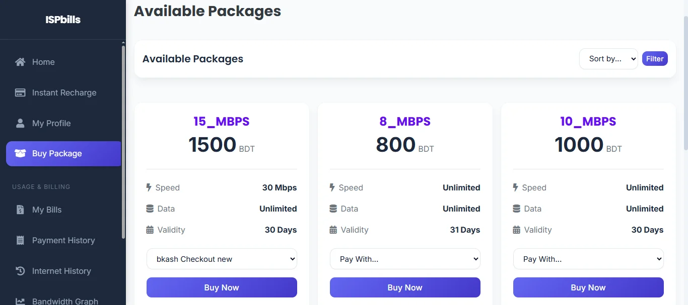 Purchase package from customer portal